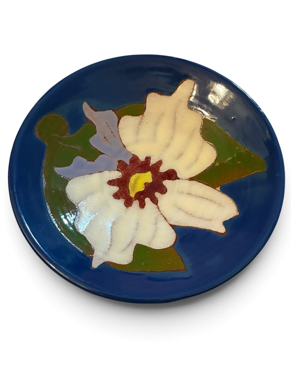 Vintage Trinidad & Tobago Art Pottery Wall Plate Handcrafted Floral Blue 5"